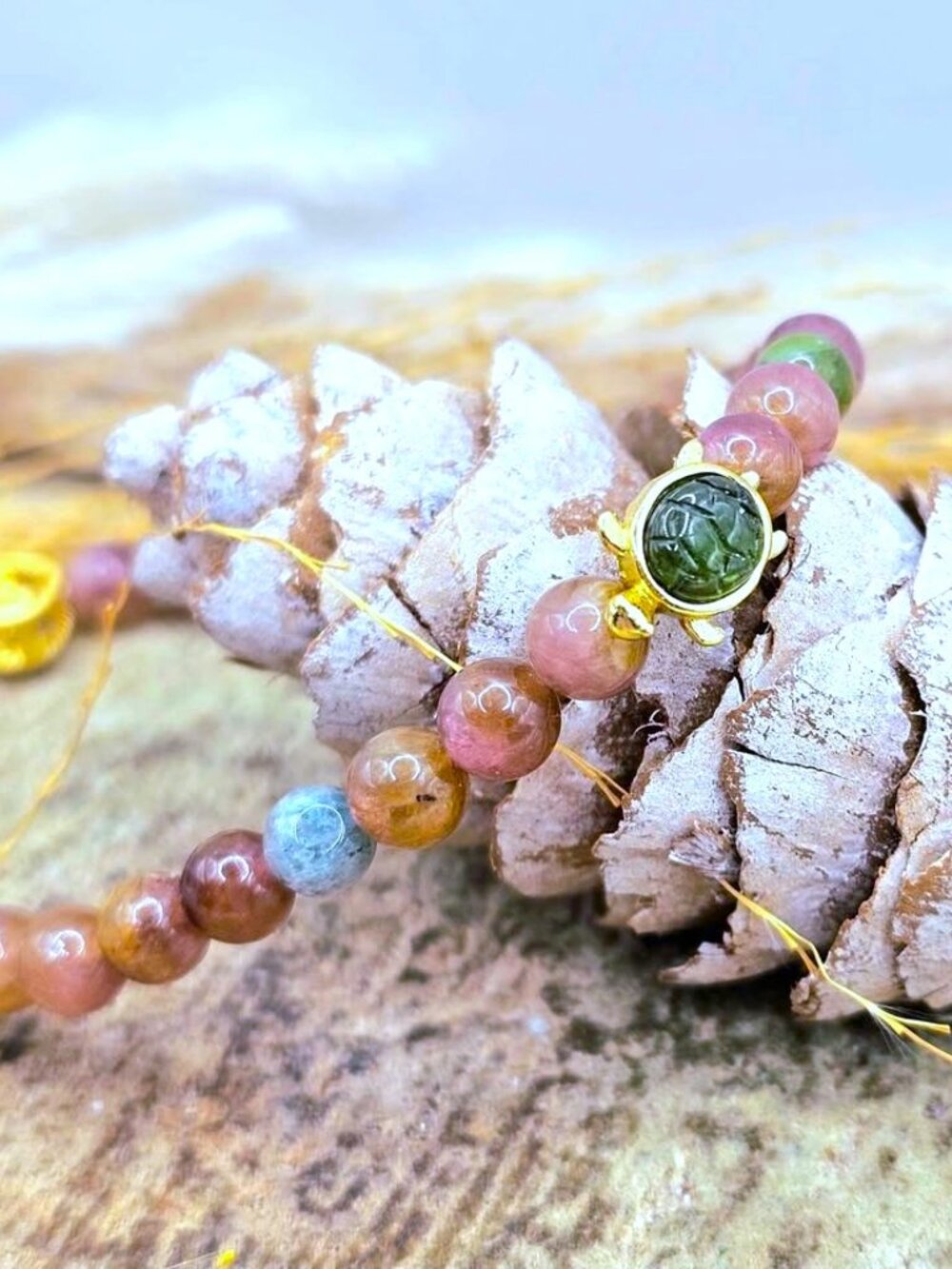 Natural Tourmaline Bracelet with Green Tourmaline Gold Turtle Charm